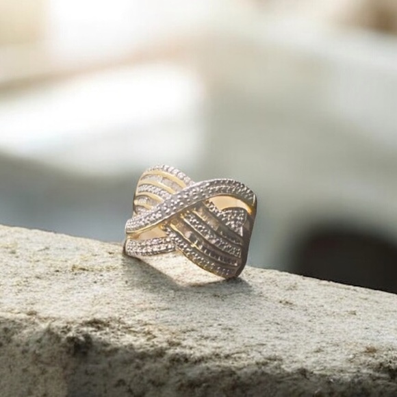 KRN-BR Made Crossover Cocktail Ring Gold With Crystal Accents Size 7 - Picture 11 of 11